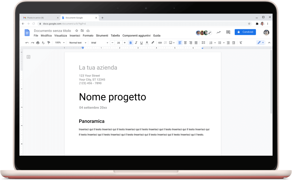 Schermata di Documenti Google che mostra il modello di un progetto aperto.